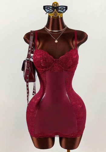 Women's Fashion Sexy Lace Patchwork Deep V Stretch Strap Bodycon Dress