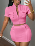 Women's Casual Street Style Stand Collar Pocket Zip Top Short Skirt Set