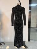 Women's Black Chic Sexy Rhinestone Strap Tight-Fitting Long Sleeve Dress