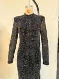 Women's Black Chic Sexy Rhinestone Strap Tight-Fitting Long Sleeve Dress