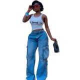 Women's High-Waist Multi-Pocket Straight-Leg Cargo Denim Pants