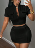 Women's Casual Street Style Stand Collar Pocket Zip Top Short Skirt Set
