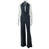 Women's Casual Loose Solid Color Halter Neck Low Back Two-Piece Pants Set