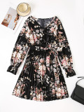 Spring Fall Women's Sweet Floral V-Neck High-Waist Ruffle A-Line Dress