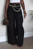 Spring Summer Women's Washed Denim Cargo Pocket Jeans