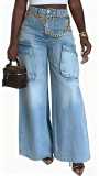 Spring Summer Women's Washed Denim Cargo Pocket Jeans