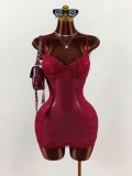 Women's Fashion Sexy Lace Patchwork Deep V Stretch Strap Bodycon Dress