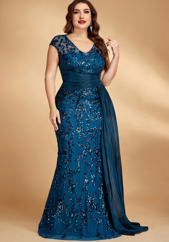 Plus Size Elegant Sequin Patchwork V-Neck Sleeveless Evening Party Maxi Dress