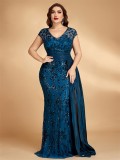Plus Size Elegant Sequin Patchwork V-Neck Sleeveless Evening Party Maxi Dress