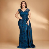 Plus Size Elegant Sequin Patchwork V-Neck Sleeveless Evening Party Maxi Dress