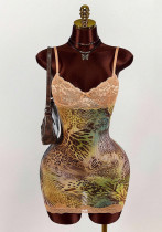 Women's Print Slim Waist Deep V Lace Patchwork Strap Dress