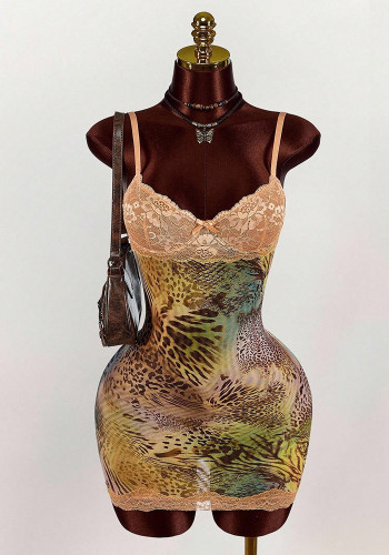 Women's Print Slim Waist Deep V Lace Patchwork Strap Dress