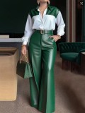 Women's Chic Career Long Sleeve Shirt & Belted Wide-Leg Leather Pants Set
