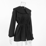 Women's Cotton Khaki Pleated Peter Pan Collar Tie Slim-Fit Career Shirt