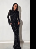 Women's Black Chic Sexy Rhinestone Strap Tight-Fitting Long Sleeve Dress