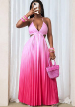 Women's Elegant Low Back Lace-Up Halter Neck Strapless Pleated Gradient Dress