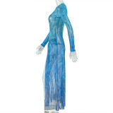 Women's Career Colorblock Slit Bodycon Round Neck Long Sleeve Dress