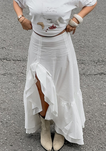 Women's Cotton Irregular Slit Ruffle Long Skirt