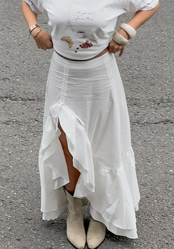 Women's Cotton Irregular Slit Ruffle Long Skirt