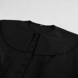 Women's Cotton Khaki Pleated Peter Pan Collar Tie Slim-Fit Career Shirt