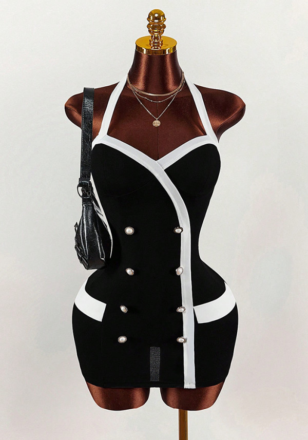 Women's Chic Colorblock Halter Neck Low Back Bodycon Mini Dress