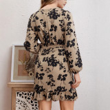 Spring Fall Women's V-Neck Tie Floral Long Sleeve Dress