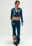 Women Print Hoodies and Bell Bottom Pant Casual Two-Piece Set