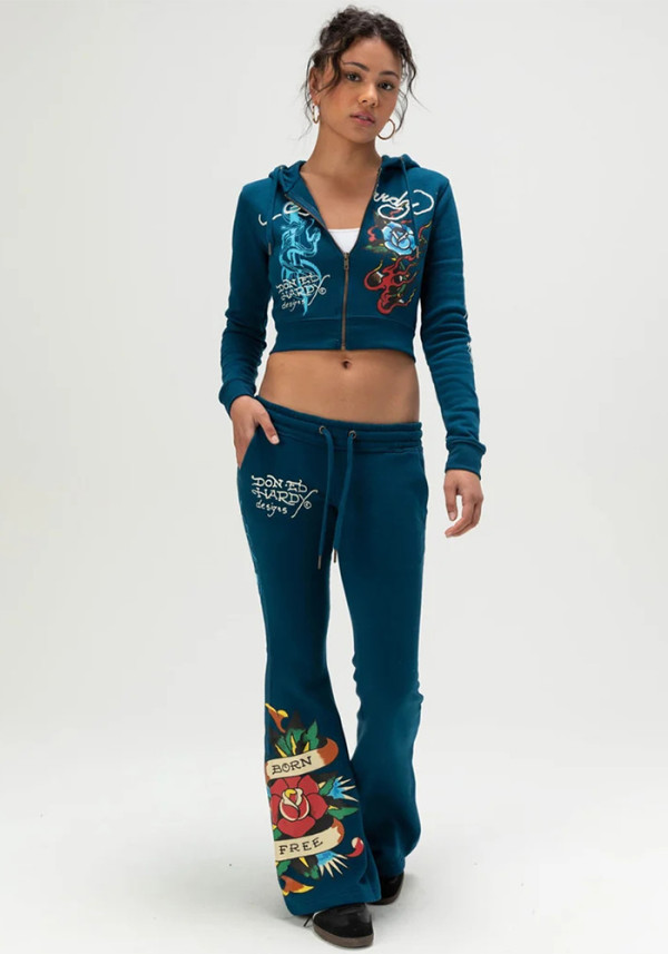 Women Print Hoodies and Bell Bottom Pant Casual Two-Piece Set