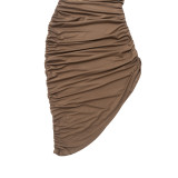 Women Round Neck Long Sleeve Mesh Patchwork Sexy Solid Pleated Dress