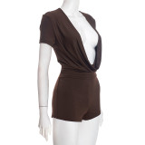 Women Solid Sexy V-Neck Short-Sleeved Romper