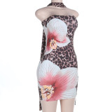 Women Spring Strapless Leopard Print Bodycon Dress