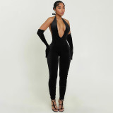 Women Sexy Solid Halter Neck V-Neck Backless Jumpsuit
