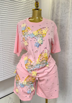 Women Butterfly Rhinestone Short Sleeve T-Shirt Top + Shorts Two-Piece Set