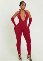 Women Sexy Solid Halter Neck V-Neck Backless Jumpsuit