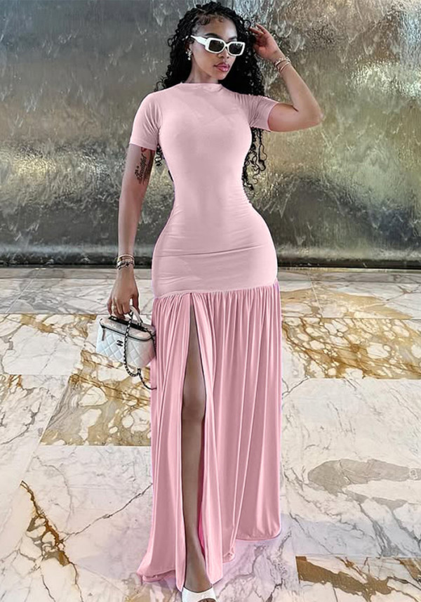 Women Round Neck Slit Patchwork Dresses