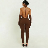 Women Sexy Solid Halter Neck V-Neck Backless Jumpsuit