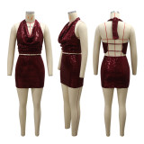 Women V-Neck Lace-up Backless Sexy Crop Top and Bodycon Skirt Two-Piece Set