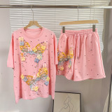 Women Butterfly Rhinestone Short Sleeve T-Shirt Top + Shorts Two-Piece Set