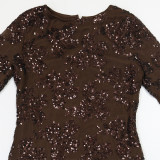 Women Round Neck Long-Sleeved Sexy Sequined Party Dress