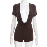 Women Solid Sexy V-Neck Short-Sleeved Romper