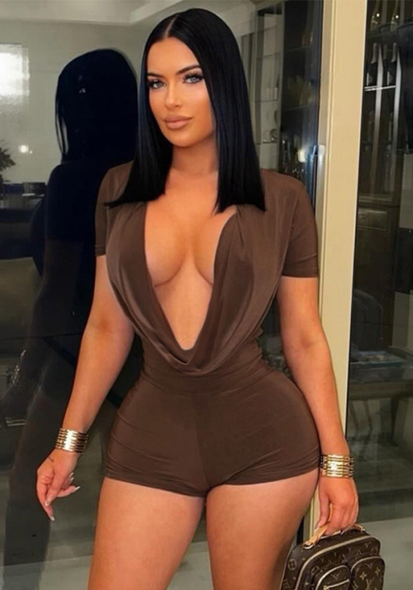 Women Solid Sexy V-Neck Short-Sleeved Romper