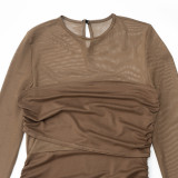 Women Round Neck Long Sleeve Mesh Patchwork Sexy Solid Pleated Dress