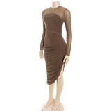 Women Round Neck Long Sleeve Mesh Patchwork Sexy Solid Pleated Dress