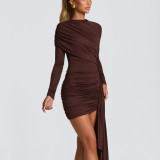 Women Winter Solid Patchwork Long-Sleeved Ribbon Bodycon Dress