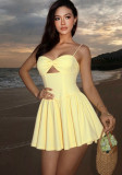 Women Pleated Sexy Spaghetti Strap Hollow Mini Dress