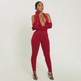 Women Sexy Solid Halter Neck V-Neck Backless Jumpsuit