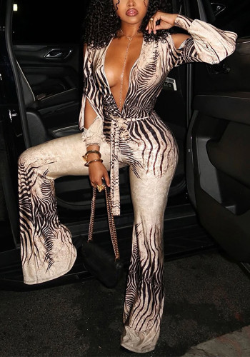 Women Autumn/Winter Sexy V Neck Off-Shoulder Top Bell Bottom Jumpsuit