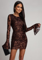 Women Round Neck Long-Sleeved Sexy Sequined Party Dress