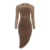 Women Round Neck Long Sleeve Mesh Patchwork Sexy Solid Pleated Dress