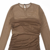 Women Round Neck Long Sleeve Mesh Patchwork Sexy Solid Pleated Dress